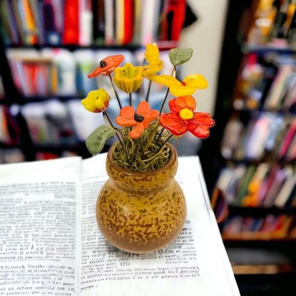 Miniature Czech Glass Flowers in Pottery Vase 5” Midcentury Vintage Boho Orange - Picture 1 of 12